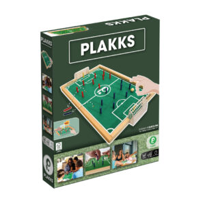 Board game box cover for Plakks, showing the game being played with mini figures on a board, indicating it is a family-friendly game.